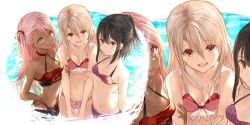 Rule 34 | 3girls, bare shoulders, bikini, black hair, blush, breasts, chloe von einzbern, closed mouth, collarbone, commentary, commentary request, dark-skinned female, dark skin, fate/kaleid liner prisma illya, fate (series), hair between eyes, half updo, highres, illyasviel von einzbern, long hair, looking at viewer, miyu edelfelt, multiple girls, navel, one side up, open mouth, orange eyes, partial commentary, pink bikini, pink hair, purple bikini, red bikini, red eyes, small breasts, smile, swimsuit, tongue, tongue out, white hair, yatsuka (846), yellow eyes