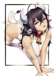 Rule 34 | 1girl, ahoge, all fours, animal collar, animal ears, ass, bell, black hair, black nails, blueorca, breasts, collar, cow ears, cow girl, cow horns, cow tail, cowbell, hair between eyes, highres, horns, large breasts, leotard, licking lips, lips, long hair, mole, mole under mouth, nail polish, neck bell, no shoes, original, purple eyes, red collar, soles, solo, tail, thighhighs, tongue, tongue out, white leotard, white thighhighs