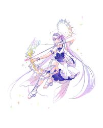 Rule 34 | 1girl, armlet, arrow (projectile), artist request, black bow, bow, bow (weapon), dress, dress bow, euryale (fate), fate/grand order, fate (series), hairband, halo, headdress, highres, holding, holding arrow, holding bow (weapon), holding weapon, lolita hairband, long hair, petite, purple eyes, purple hair, ribbon-trimmed hairband, sidelocks, simple background, sleeveless, solo, sparkle, twintails, very long hair, weapon, white background, white bow, white dress, white footwear