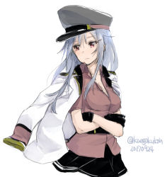 Rule 34 | 1girl, black skirt, breasts, dated, facial scar, gangut (kancolle), gangut dva (kancolle), grey hair, hair between eyes, hair ornament, hairclip, hat, jacket, jacket on shoulders, kangoku kou, kantai collection, large breasts, long hair, looking at viewer, military, military hat, military uniform, miniskirt, naval uniform, open clothes, peaked cap, red eyes, red shirt, scar, scar on cheek, scar on face, shirt, short sleeves, simple background, skirt, solo, uniform, upper body, white background