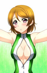 Rule 34 | 10s, 1girl, bare shoulders, blush, breasts, brown hair, front zipper swimsuit, gradient background, hair ornament, hairclip, highres, kenken, koizumi hanayo, looking at viewer, love live!, love live! school idol project, meme attire, one-piece swimsuit, pink eyes, short hair, solo, swimsuit, zipper