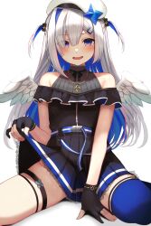 Rule 34 | 1girl, absurdres, amane kanata, amane kanata (work), angel, angel wings, beret, blue hair, blue thighhighs, buket pudding i, clothes lift, colored inner hair, gloves, grey hair, hair between eyes, hair ornament, hair over one eye, hairclip, hat, highres, hololive, jewelry, long hair, multicolored hair, necklace, official alternate costume, open mouth, partially fingerless gloves, purple eyes, shirt, simple background, single thighhigh, sitting, skirt, skirt lift, sleeveless, sleeveless shirt, solo, thigh strap, thighhighs, thighs, two side up, virtual youtuber, white background, wings