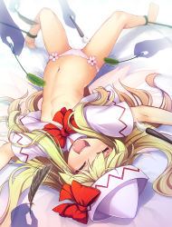 Rule 34 | 1girl, bed sheet, blonde hair, blush, bound ankles, bow, calligraphy brush, capelet, chima q, closed eyes, fairy wings, feathers, flat chest, flower panties, hat, highres, lily white, long hair, lying, navel, no pants, on back, open mouth, paintbrush, panties, pink panties, silhouette, solo, solo focus, stomach, tears, tickle torture, tickling, tickling arms, tickling legs, tickling stomach, topless male, touhou, underwear, wings