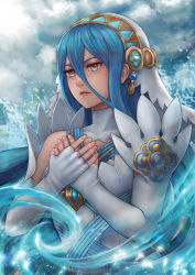 Rule 34 | 1girl, azura (fire emblem), bare shoulders, blue hair, chrone, closed mouth, detached collar, detached sleeves, dress, elbow gloves, fingerless gloves, fire emblem, fire emblem awakening, fire emblem fates, fire emblem heroes, gloves, hair between eyes, hands on own chest, highres, nintendo, veil, water, white dress, yellow eyes