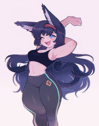 Rule 34 | 1girl, ;d, animal ears, arknights, arms behind head, artist name, black hair, black pants, black sports bra, blaze (arknights), blue eyes, blush, breasts, cat ears, cat girl, cat tail, cleavage, feet out of frame, grey background, hairband, highres, long hair, looking at viewer, medium breasts, navel, one eye closed, open mouth, pants, red hairband, sharktuna, simple background, smile, solo, sports bra, stomach, tail, teeth, thighs, upper teeth only, very long hair