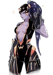Rule 34 | 1girl, blue hair, breasts, center opening, cleavage, colored skin, dynasty widowmaker, earrings, gun, hat, heart, highres, jewelry, long hair, official alternate costume, overwatch, overwatch 1, overwatch league, ponytail, purple skin, simple background, solo, tattoo, weapon, white background, wide hips, widowmaker (overwatch), yellow eyes