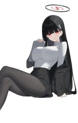 Rule 34 | 1girl, absurdres, black hair, black jacket, black pantyhose, black skirt, blue archive, blunt bangs, breasts, commentary, crossed legs, feet out of frame, hair ornament, hairclip, halo, highres, holding, invisible chair, jacket, krrk, large breasts, legs, long hair, long sleeves, looking at viewer, open clothes, open jacket, pantyhose, parted lips, pleated skirt, red eyes, ribbed sweater, rio (blue archive), simple background, sitting, skirt, solo, sweater, turtleneck, turtleneck sweater, very long hair, white background, white sweater