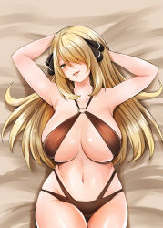 Rule 34 | 1girl, absurdres, adahcm, areola slip, armpits, arms behind head, bikini, black bikini, blonde hair, breasts, commentary request, creatures (company), curvy, cynthia (pokemon), from above, game freak, grey eyes, hair ornament, hair over one eye, head tilt, highres, large breasts, lips, long hair, looking at viewer, lying, navel, nintendo, o-ring, o-ring swimsuit, on back, pokemon, pokemon dppt, pov, seductive smile, skindentation, smile, solo, swimsuit, thighs, wide hips