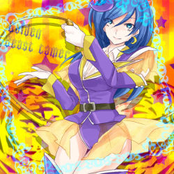 Rule 34 | belt, blue eyes, blue hair, boots, breasts, cardfight!! vanguard, cleavage, cosplay, earrings, frills, golden beast tamer, hair ornament, high heel boots, high heels, jacket, jewelry, leotard, long hair, looking at viewer, lowres, narumi asaka, necklace, pale moon, see-through, thigh boots, thighhighs, vanguard ride, whip