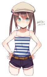Rule 34 | 1girl, bare arms, bare shoulders, belt, beret, blush, brown belt, brown hair, brown hat, camisole, closed mouth, dated, green eyes, hair between eyes, hands on own hips, hat, long hair, looking at viewer, maze (gochama ze gohan), original, purple shorts, scrunchie, short shorts, shorts, sidelocks, signature, simple background, solo, striped, striped camisole, twintails, white background, wrist scrunchie