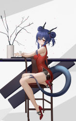 Rule 34 | 1girl, absurdres, arknights, bare arms, bare legs, bare shoulders, blue hair, blush, ch&#039;en (ageless afterglow) (arknights), ch&#039;en (arknights), chair, china dress, chinese clothes, commentary request, double bun, dragon horns, dragon tail, dress, hair bun, high heels, highres, horns, long hair, looking at viewer, official alternate costume, parted lips, red dress, red eyes, red footwear, shenqi xiao hong zai nali, sitting, sleeveless, sleeveless dress, solo, tail, thighs