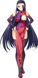 Rule 34 | 1girl, absurdres, artist request, bare shoulders, black hair, black legwear, breasts, china dress, chinese clothes, dress, elbow gloves, eyepatch, full body, game cg, gloves, hands on own hips, highres, kakouton, koihime musou, large breasts, long hair, looking at viewer, panties, pelvic curtain, purple eyes, shoes, side-tie panties, smile, solo, standing, transparent background, underwear