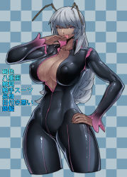 Rule 34 | 1girl, antennae, bad id, bad pixiv id, biosuit, bodysuit, breasts, center opening, checkered background, cleavage, covered erect nipples, cowboy shot, cropped legs, dark-skinned female, dark skin, fang, hand on own hip, highres, hip focus, huge breasts, large breasts, living clothes, long hair, naughty face, original, purple eyes, side ponytail, skin tight, solo, spacezin, standing, sweat, tongue, tongue out, translation request, white hair, wide hips