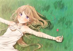 Rule 34 | 1girl, bad id, bad pixiv id, bare shoulders, blonde hair, blush, five-leaf clover, grass, highres, honnryou hanaru, long hair, looking at viewer, lying, on back, on ground, original, outstretched arms, purple eyes, smile, solo, spread arms, very long hair