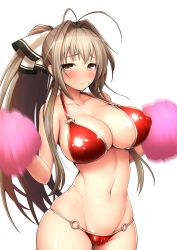 Rule 34 | 1girl, amagi brilliant park, antenna hair, bikini, blush, bow, breasts, brown eyes, brown hair, cameltoe, cleavage, covered erect nipples, groin, hair bow, hair intakes, highres, large breasts, long hair, looking at viewer, motion blur, navel, o-ring, o-ring bottom, o-ring top, pom pom (cheerleading), ponytail, red background, red bikini, sento isuzu, shiba nanasei, simple background, solo, swimsuit, white background, wide hips