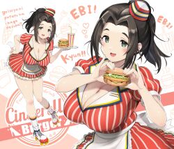 Rule 34 | 1girl, absurdres, apron, black hair, breasts, burger, cleavage, cup, disposable cup, dress, ebihara naho, employee uniform, fast food, fast food uniform, food, green eyes, hair intakes, hand on own hip, hat, heart, highres, idolmaster, idolmaster cinderella girls, large breasts, leaning forward, long hair, looking at viewer, mini hat, multiple views, open mouth, red dress, roller skates, skates, smile, striped clothes, striped dress, toruneko, tray, uniform