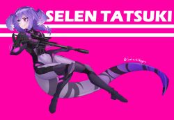Rule 34 | 1girl, absurdres, assault rifle, black gloves, bodysuit, braid, character name, closed mouth, commentary, covered navel, english commentary, fang, fang out, finger on trigger, floating hair, full body, gloves, gun, hair ornament, hairclip, head wings, highres, holding, holding gun, holding weapon, long tail, looking away, looking to the side, medium hair, armored boots, negative space, nijisanji, nijisanji en, pink background, purple hair, rifle, satsuki nageru, selen tatsuki, skin fang, smile, solo, tail, twin braids, twitter username, virtual youtuber, weapon, wings