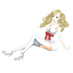 Rule 34 | 1girl, blonde hair, blue eyes, breasts, catherine, catherine (cosplay), catherine (game), choker, cleavage, cosplay, crossover, hair ornament, high heels, highres, long hair, persona, persona 5, smile, solo, takamaki anne, thighhighs, twintails, white heels