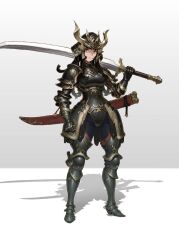 Rule 34 | 1girl, armor, armored boots, blue eyes, boobplate, boots, breastplate, commentary, english commentary, faulds, full body, gauntlets, gold trim, gradient background, grey background, greyscale, helmet, holding, holding sword, holding weapon, japanese armor, kabuto (helmet), long hair, looking at viewer, monochrome, nrcgray, original, over shoulder, samurai, shadow, sheath, shoulder armor, solo, standing, sword, unsheathed, weapon, weapon over shoulder, white background