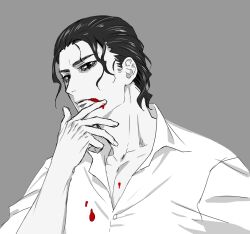 Rule 34 | 1boy, arizuka (catacombe), black hair, blood, blood from mouth, blood on clothes, bloodborne, collarbone, grey background, hand up, male focus, original, pale skin, shirt, short hair, simple background, solo, white shirt