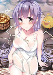 Rule 34 | 1girl, :d, absurdres, ahoge, arm at side, azur lane, bare shoulders, bird, blush, braid, breasts, bucket, chick, cleavage, collarbone, commentary request, drooling, fingernails, french braid, highres, hiragi ringo, large breasts, legs together, light purple hair, long fingernails, long hair, looking at viewer, naked towel, onsen, open mouth, outdoors, purple eyes, rodney (azur lane), sitting, smile, soaking feet, solo, towel, very long hair, wading, water, white towel, wooden bucket