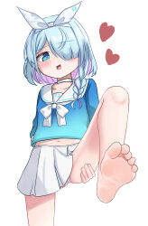 Rule 34 | 1girl, absurdres, arona (blue archive), barefoot, blue archive, blue eyes, blue hair, blush, feet, hair over one eye, hairband, highres, light blue hair, looking at viewer, lts kakuyo, medium hair, multicolored hair, open mouth, panties, pantyshot, soles, toes, two-tone hair, underwear