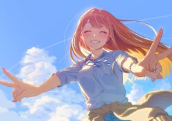 Rule 34 | 1girl, absurdres, blue sky, blush, breast pocket, brown sweater, chain, chain bracelet, closed eyes, clothes around waist, cloud, cloudy sky, day, double v, gakuen idolmaster, grin, highres, idolmaster, jewelry, long hair, mole, mole under eye, multicolored hair, orange hair, outdoors, pocket, shirt, shiun sumika, sky, sleeve rolled up, smile, solo, streaked hair, sweater, sweater around waist, tonegawa ribu, v, white hair, white shirt