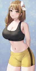 Rule 34 | 1girl, absurdres, amayo thranana, armpit crease, bare shoulders, black tank top, blue background, braid, breasts, brown eyes, brown hair, cleavage, closed mouth, collarbone, commentary, commission, cowboy shot, crop top, eyelashes, fire emblem, fire emblem engage, flower, goldmary (fire emblem), hair flower, hair ornament, highres, large breasts, long hair, looking at viewer, midriff, navel, nintendo, shorts, smile, solo, tank top, yellow shorts