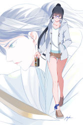 Rule 34 | 1girl, alternate costume, aqua eyes, bad id, bad pixiv id, black hair, blue-framed eyewear, blue jacket, brown footwear, brown shorts, casual, chinese clothes, collarbone, dagger, energy drink, fate/grand order, fate (series), full body, glasses, green eyes, hand in pocket, highres, hood, hood down, hooded jacket, houtachi, jacket, jing ke (fate), knife, lips, lipstick, long hair, looking at viewer, makeup, multiple views, ponytail, profile, serious, shirt, shoes, short shorts, shorts, signature, standing, sword, very long hair, weapon, white shirt, zoom layer