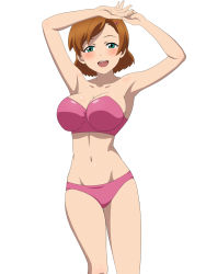 Rule 34 | 1girl, arms up, bikini, blush, breasts, brown hair, cleavage, collarbone, female focus, green eyes, gundam, gundam age, hair ornament, hairclip, highres, kh-fullhouse, large breasts, looking at viewer, navel, open mouth, pink bikini, romary stone, short hair, smile, swimsuit, white background