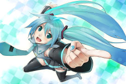 Rule 34 | 1girl, aqua eyes, aqua hair, bad id, bad pixiv id, blue hair, blue nails, checkered background, detached sleeves, foreshortening, from above, hatsune miku, headphones, headset, kurojishi, long hair, multicolored hair, nail polish, necktie, perspective, pointing, pointing up, skirt, smile, solo, thighhighs, twintails, very long hair, vocaloid, zettai ryouiki