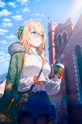 Rule 34 | 1girl, bag, blew andwhite, blonde hair, blush, braid, braided bangs, braided bun, breasts, coffee, coffee cup, commission, cowboy shot, cup, disposable cup, gloves, hair between eyes, hair bun, highres, jacket, kantai collection, large breasts, name connection, perth, perth (kancolle), photo background, purple eyes, ribbed sweater, short hair, skeb commission, solo, sweater