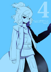 Rule 34 | 1boy, blue background, blue theme, character request, copyright request, cosplay, fusion, inazuma eleven (series), inazuma eleven go, inazuma eleven go chrono stone, male focus, monochrome, oda nobunaga (inazuma eleven), shindou takuto, simple background, solo, tooru