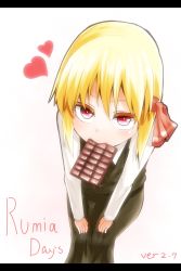 Rule 34 | 1girl, blonde hair, candy, chocolate, chocolate bar, food, hair ribbon, heart, highres, letterboxed, mouth hold, red eyes, ribbon, rumia, short hair, slouching, solo, stoop, takorice, touhou