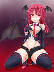 Rule 34 | 1girl, alternate costume, areola slip, bat wings, black thighhighs, blush, breasts, demon tail, detached sleeves, embodiment of scarlet devil, female focus, head wings, koakuma, lace, lace-trimmed legwear, lace trim, long hair, medium breasts, midriff, navel, necktie, nipple slip, nipples, oga raito, ogakuzu, pussy juice, pussy juice puddle, red eyes, red hair, red necktie, sex toy, shorts, solo, spread legs, tail, tears, thighhighs, touhou, unzipped, vibrator, wet, wings, zettai ryouiki