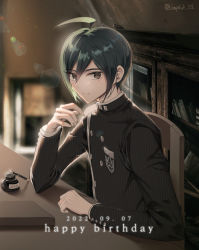 Rule 34 | 1boy, black hair, black jacket, brown eyes, buttons, chair, closed mouth, danganronpa (series), danganronpa v3: killing harmony, dated, double-breasted, from side, hair between eyes, happy birthday, highres, indoors, jacket, japduk s2, long sleeves, looking at viewer, male focus, pen, saihara shuichi, shelf, short hair, solo, striped clothes, striped jacket, table