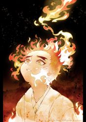 Rule 34 | 1boy, ashes, blonde hair, burning, fiery hair, fire, forked eyebrows, japanese clothes, kimetsu no yaiba, kimono, kkk 0mg, letterboxed, long sleeves, looking away, looking up, male focus, multicolored eyes, parted lips, red eyes, red hair, rengoku senjurou, short hair, solo, twitter username, yellow eyes