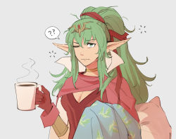 Rule 34 | 1girl, ?, ??, bracelet, breasts, cape, cleavage, closed mouth, coffee, coffee mug, commentary, cup, dress, english commentary, fire emblem, fire emblem awakening, fire emblem heroes, gloves, green eyes, green hair, grey background, hair between eyes, hair ornament, hair ribbon, high collar, high ponytail, highres, holding, holding cup, holding pillow, jewelry, long hair, medium breasts, mug, nintendo, norue, one eye closed, pillow, pointy ears, ponytail, red cape, red dress, red gloves, red ribbon, ribbon, sidelocks, simple background, sleepy, sleeveless, sleeveless dress, solo, speech bubble, steam, tiki (adult) (fire emblem), tiki (fire emblem), two-tone cape, upper body, very long hair, white cape