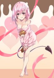 Rule 34 | 1girl, :q, barefoot, blush, bob cut, breasts, candy, character doll, chocolate, chocolate bar, cleavage, closed mouth, commentary request, commission, crossed ankles, demon tail, flower, food, full body, hair flower, hair ornament, half-closed eyes, heart, highres, holding, holding food, kuroi mimei, leaning forward, licking lips, long sleeves, looking at viewer, medium breasts, momo velia deviluke, naked sweater, off-shoulder sweater, off shoulder, pink hair, pink sweater, purple eyes, red ribbon, ribbon, short hair, skeb commission, smile, solo, standing, sweater, tail, to love-ru, to love-ru darkness, tongue, tongue out, valentine, yuuki rito