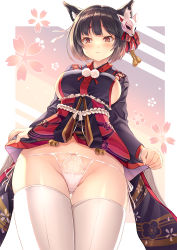 Rule 34 | 1girl, absurdres, azur lane, black hair, black kimono, breasts, clothes lift, commentary request, fox mask, hair ornament, hair ribbon, highres, himamo, japanese clothes, kimono, kimono lift, large breasts, lifting own clothes, long sleeves, mask, mask on head, panties, red eyes, red ribbon, ribbon, short hair, sideboob, solo, thighhighs, thighs, underwear, white panties, white thighhighs, wide sleeves, yamashiro (azur lane)
