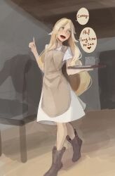 Rule 34 | 1girl, absurdres, ainne (sushoartworks), apron, black footwear, blonde hair, blush, boots, brown apron, commentary, dress, english commentary, english text, freckles, green eyes, highres, holding, holding tray, indoors, long hair, open mouth, original, short sleeves, sketch, solo, speech bubble, standing, sushoartworks, teeth, tray, upper teeth only, white dress