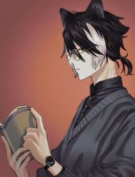 Rule 34 | 1boy, alternate costume, animal ears, bespectacled, black hair, black shirt, book, closed mouth, dress shirt, expressionless, from side, glasses, grey sweater, hair between eyes, highres, holding, holding book, holostars, jackal boy, jackal ears, kageyama shien, looking at viewer, low ponytail, male focus, momiage 40, multicolored hair, orange background, profile, shirt, short hair, short ponytail, sideways glance, simple background, solo, sweater, two-tone hair, upper body, v-neck, virtual youtuber, watch, white hair, wristwatch, yellow-framed eyewear, yellow eyes