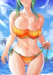 Rule 34 | 1girl, alternate costume, beach, bikini, breasts, cleavage, elincia ridell crimea, elincia ridell crimea (summer), fire emblem, fire emblem: radiant dawn, fire emblem heroes, gluteal fold, green hair, head out of frame, highres, large breasts, long hair, nintendo, official alternate costume, orange bikini, outdoors, revolverwing, smile, solo, swimsuit, thick thighs, thighs, undressing, water, wet