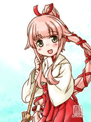 Rule 34 | 1girl, alternate costume, artist logo, blush stickers, broom, brown eyes, commentary request, cowboy shot, dated, gradient background, hair ribbon, hakama, japanese clothes, kantai collection, kutone shirika, long hair, looking at viewer, miko, pink hair, ponytail, red hakama, ribbon, solo, very long hair, yura (kancolle)