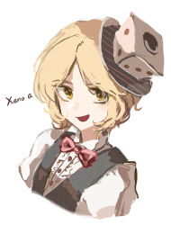 Rule 34 | 1other, androgynous, black vest, blonde hair, bow, bowtie, character name, collared shirt, commentary request, dice hair ornament, formal, hair ornament, hemo (hemoroda), len&#039;en, open mouth, portrait, red bow, red bowtie, shirt, short hair, simple background, smile, solo, vest, white background, white shirt, xeno a, yellow eyes
