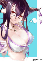 Rule 34 | 10s, 1girl, :o, bad id, bad pixiv id, bandages, bandaged arm, bandages, bikini, bikini top only, blue background, breasts, danua, draph, granblue fantasy, highres, horns, iapoc, jewelry, large breasts, long hair, looking at viewer, pendant, pointy ears, purple hair, red eyes, solo, swimsuit, twitter username