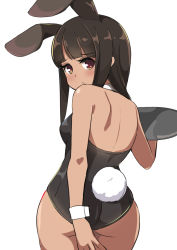 Rule 34 | 1girl, animal ears, ass, bare back, bare shoulders, black hair, black leotard, brown eyes, covering privates, covering ass, detached collar, fake animal ears, female focus, from behind, highres, holding, leotard, long hair, looking back, original, playboy bunny, rabbit ears, rabbit tail, simple background, solo, strapless, strapless leotard, surio, tail, tray, white background, wrist cuffs