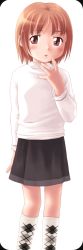 Rule 34 | 1girl, :o, black skirt, blush, brown eyes, brown hair, kneehighs, long sleeves, looking back, parted lips, simple background, skirt, socks, solo, sweater, ujiie moku, white background, white socks