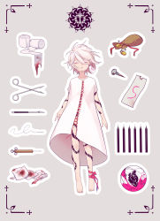 Rule 34 | 1boy, 676643396dolce, aged down, alternate costume, ankle ribbon, barefoot, bloody gauze, child, closed eyes, coin, dress, fate/apocrypha, fate (series), floating, full-body tattoo, gauze, gold coin, heart (organ), highres, hospital gown, karna (fate), leg ribbon, male focus, needle, no panties, pale skin, ribbon, sack, scalpel, scissors, snake tattoo, solo, surgical scissors, syringe, tattoo, white dress, white hair