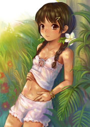 Rule 34 | 1girl, against tree, bad id, bad pixiv id, bare shoulders, bloomers, blush, bracelet, braid, breasts, brown eyes, brown hair, cleavage, cowboy shot, dark-skinned female, dark skin, day, female focus, flat chest, flower, hair flower, hair ornament, hair over shoulder, hairclip, hand in pants, jewelry, leaning, light smile, long hair, lying, midriff, nature, navel, on back, original, outdoors, plant, shadow, small breasts, smile, solo, tan, tanline, tree, tree shade, twin braids, tyun, underwear